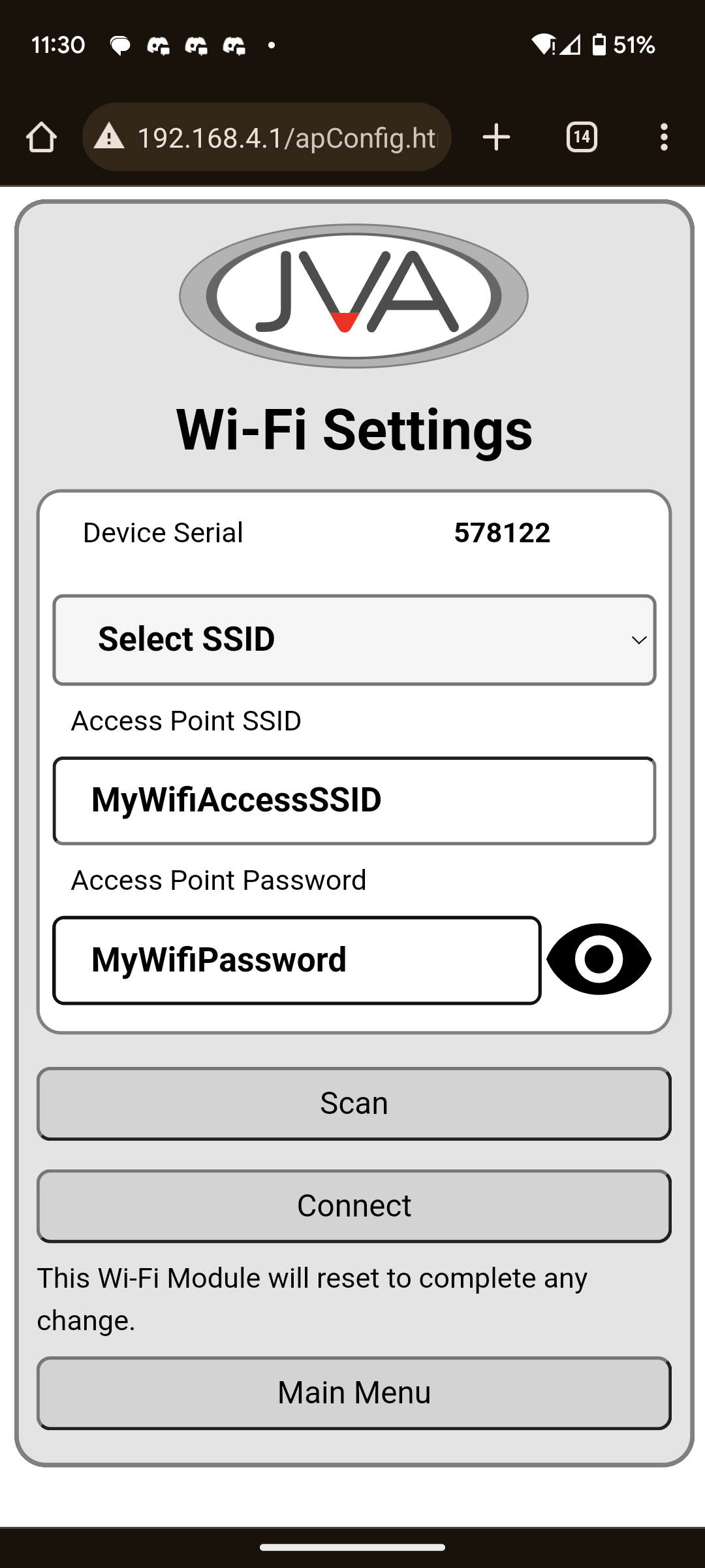 VPK Set Up Step 3 JVA IPEC Wi-Fi Page
